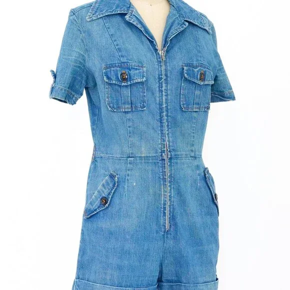 Landlubber 1970s Vintage Zip Front Denim Romper - Picture 1 of 9